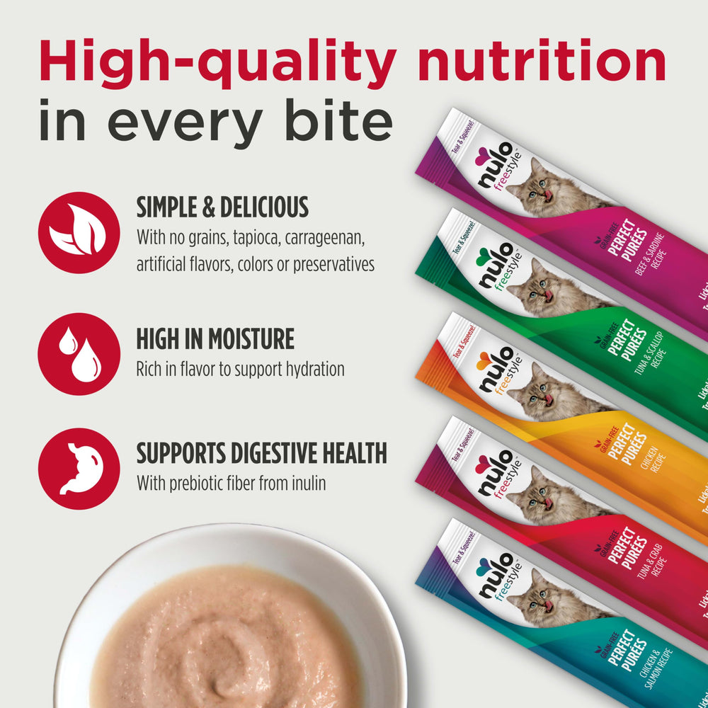Nulo Purées pouch close-up texture; creamy lickable treat for interactive feeding.