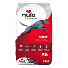 Nulo Frontrunner beef and barley dry dog food bag for balanced nutrition.