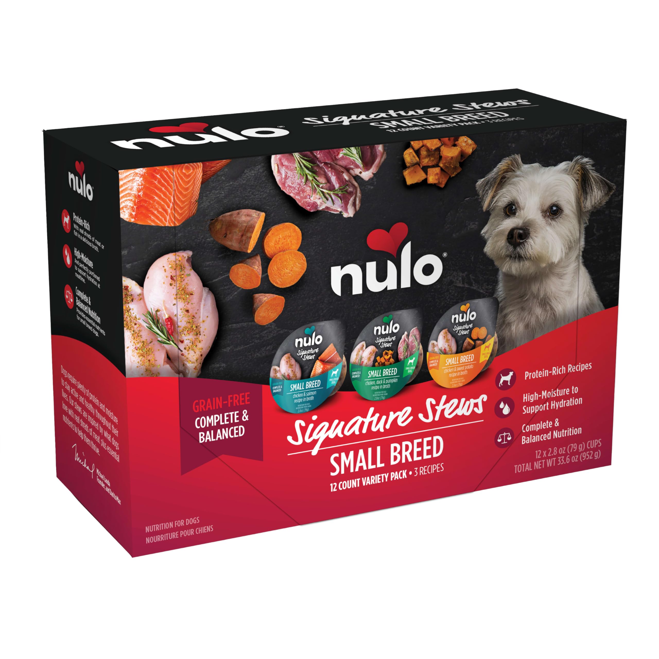 Nulo Signature Stews small-breed shredded meat in broth boosts hydration and flavor.