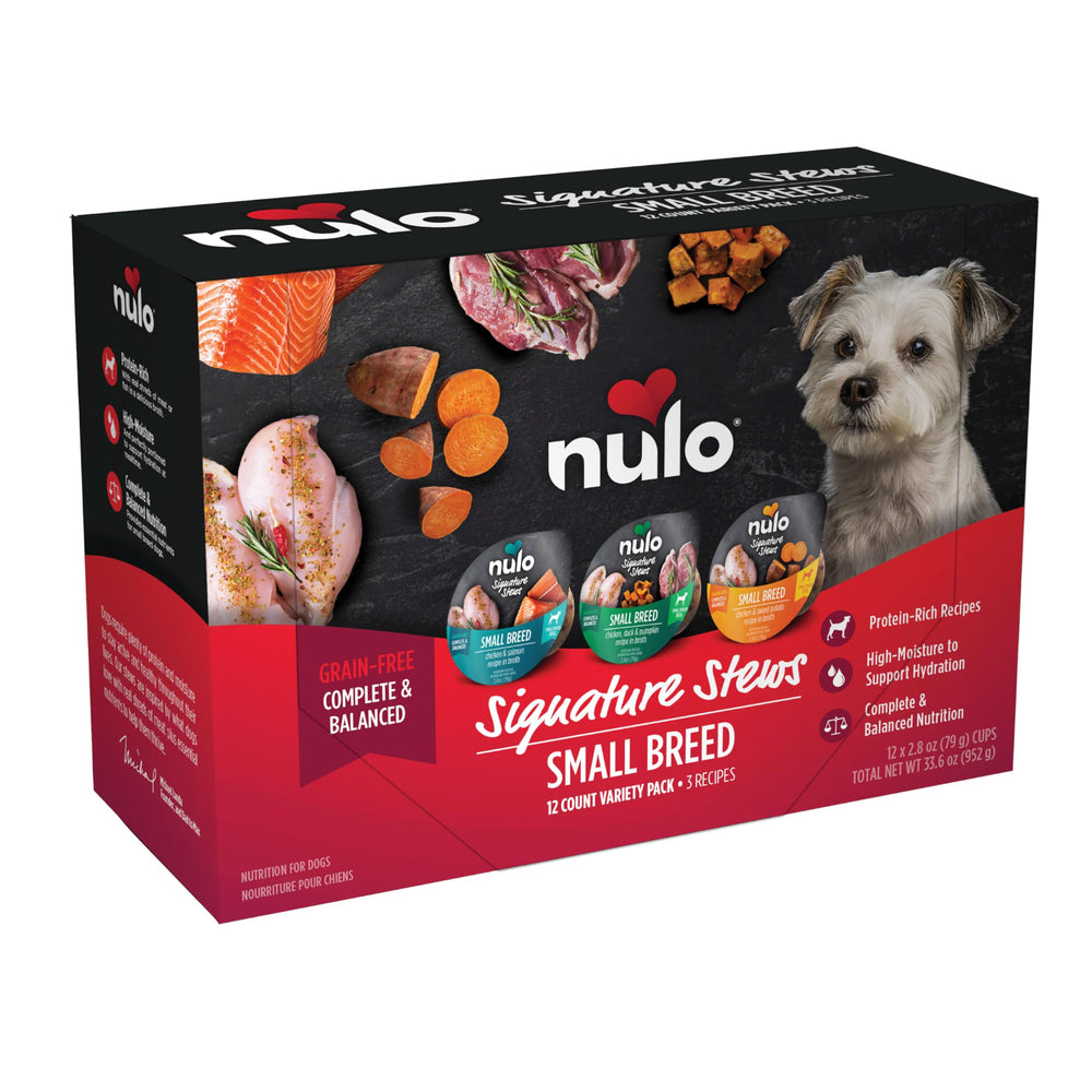 Nulo Signature Stews small-breed shredded meat in broth boosts hydration and flavor.