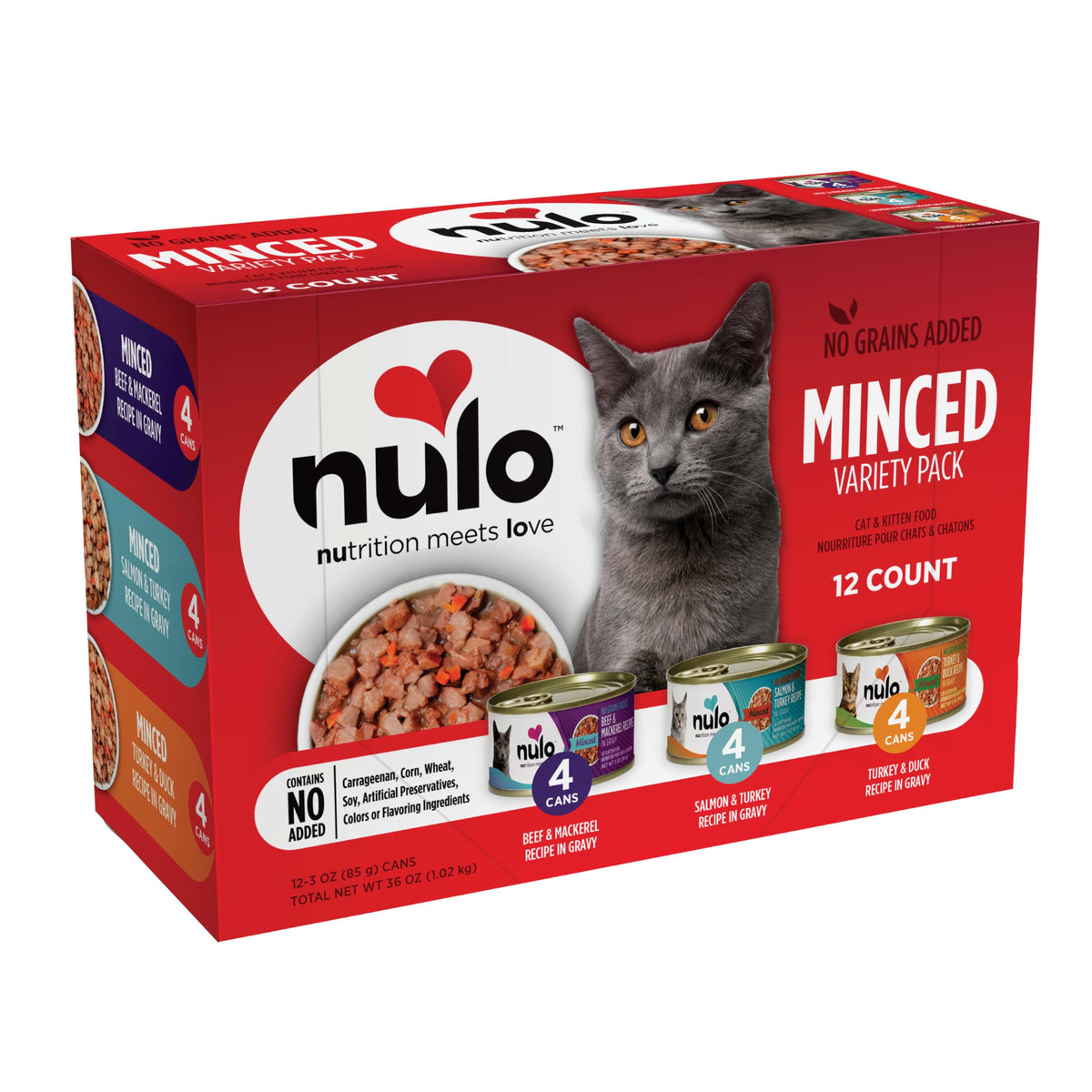 Nulo Variety Flavors minced wet cat food with turkey and duck for grain-free nutrition.