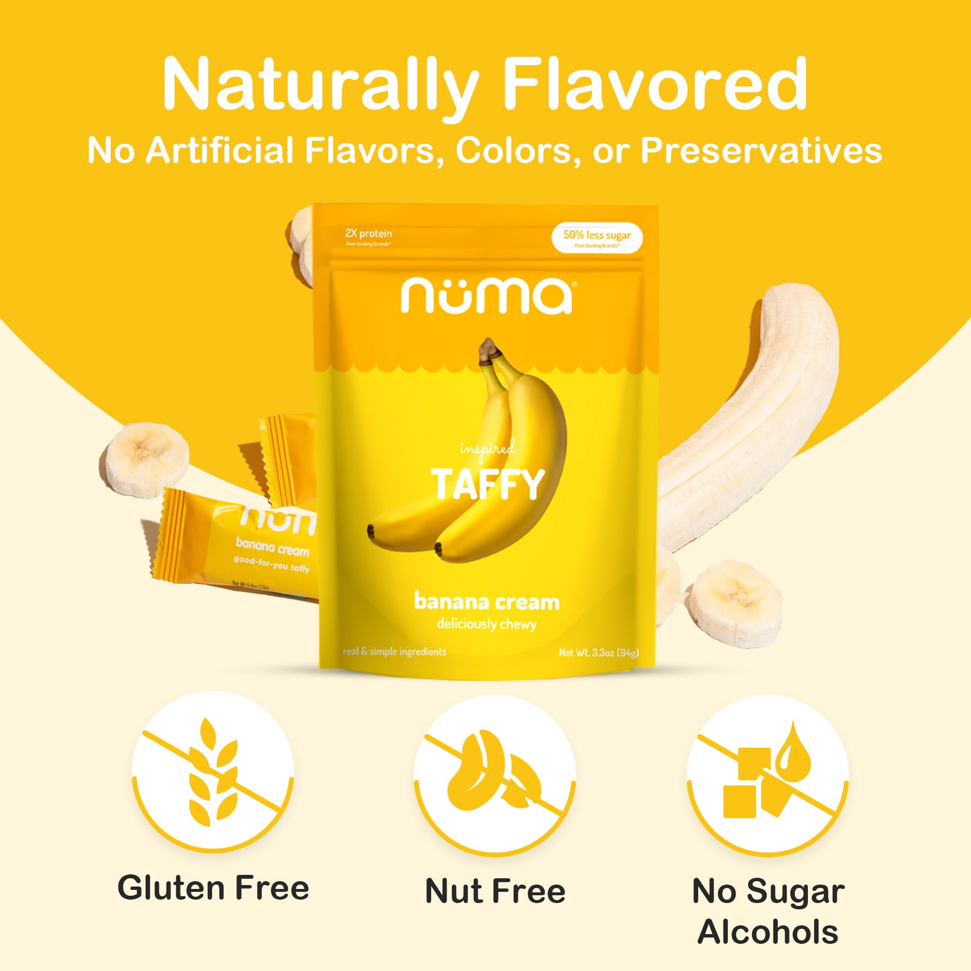 Chewy bite close-up showcases Numa Banana Taffy flavor.