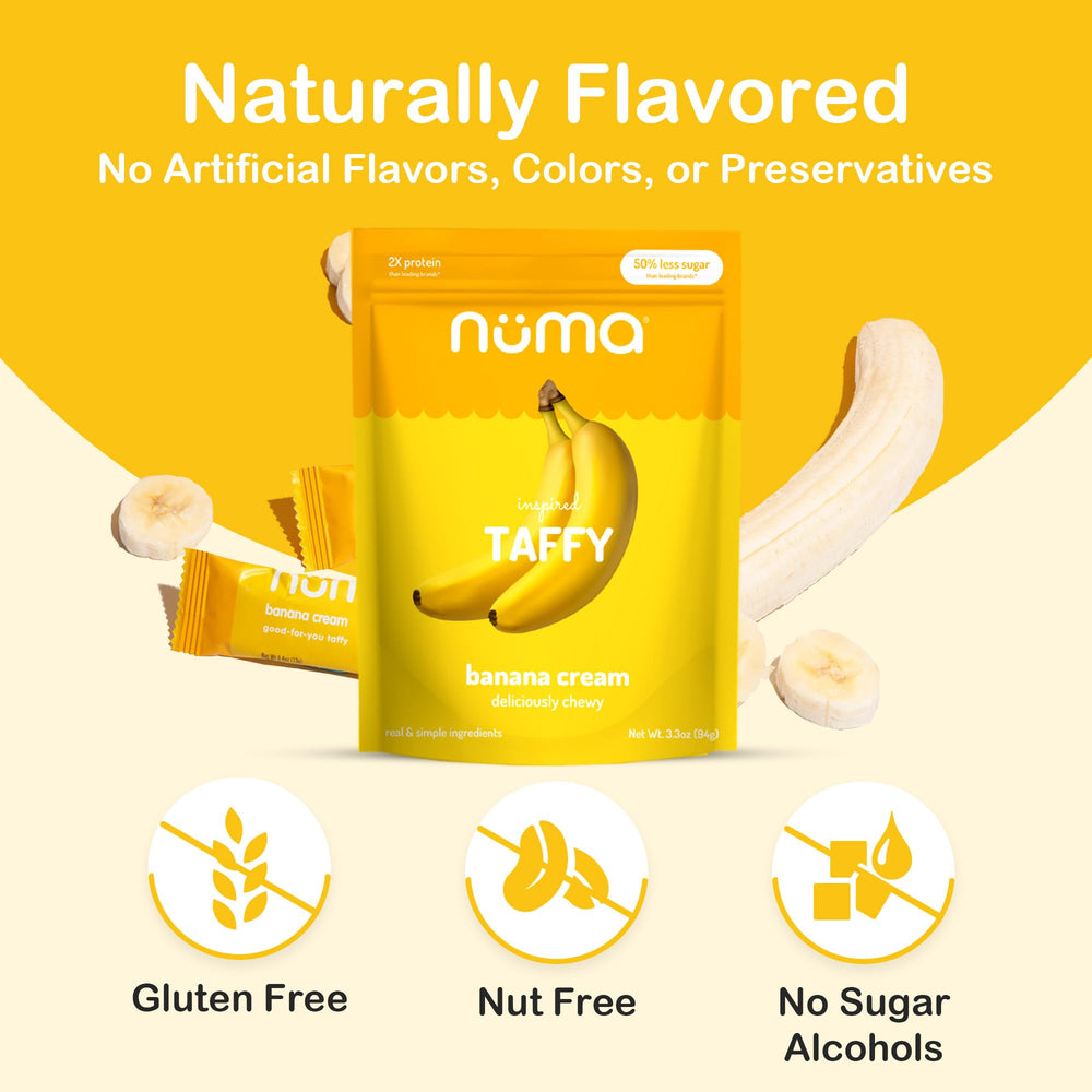 Chewy bite close-up showcases Numa Banana Taffy flavor.