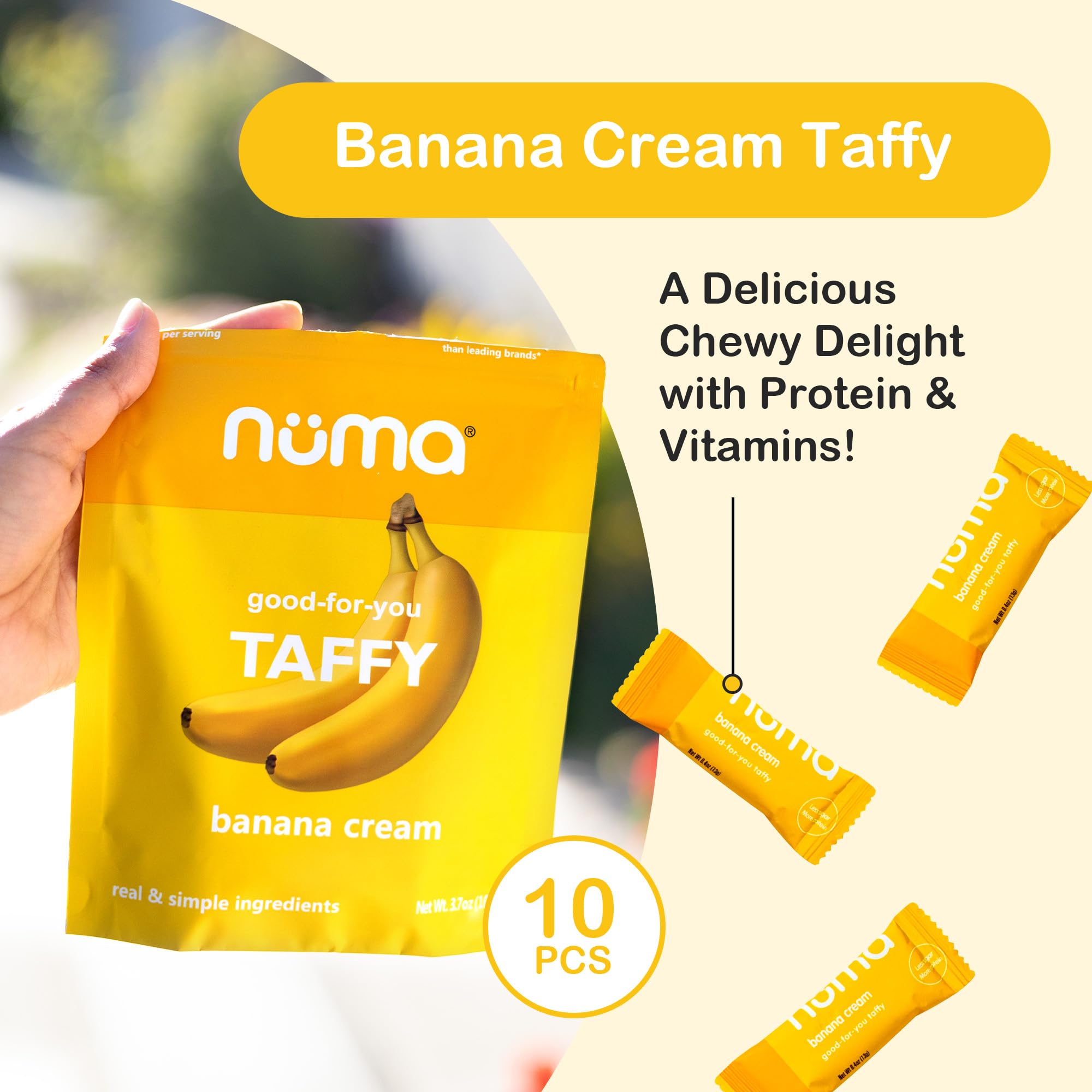 Numa Banana Taffy individually wrapped chews for convenient on-the-go snacking.