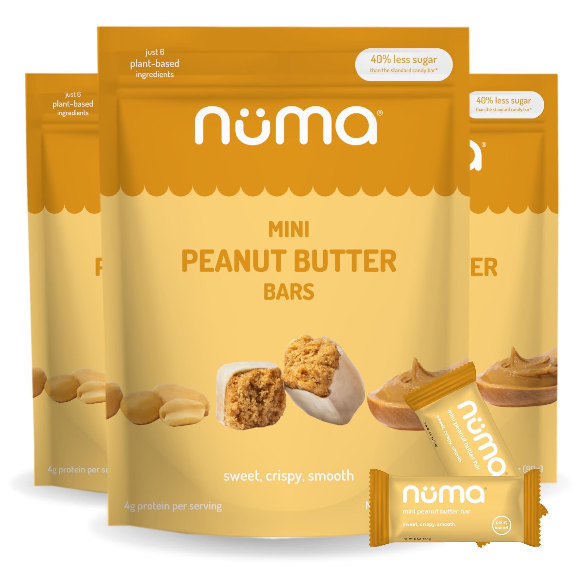 Numa Mini Peanut Butter Bars packaging highlights vegan, gluten-free snacks