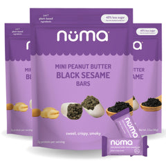 Numa Mini Peanut Butter Black Sesame Bar close-up highlights crunch and nutty finish.
