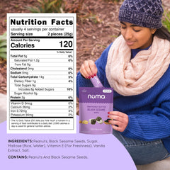 Numa Mini Peanut Butter Black Sesame Bar texture shot emphasizes bite-sized convenience.