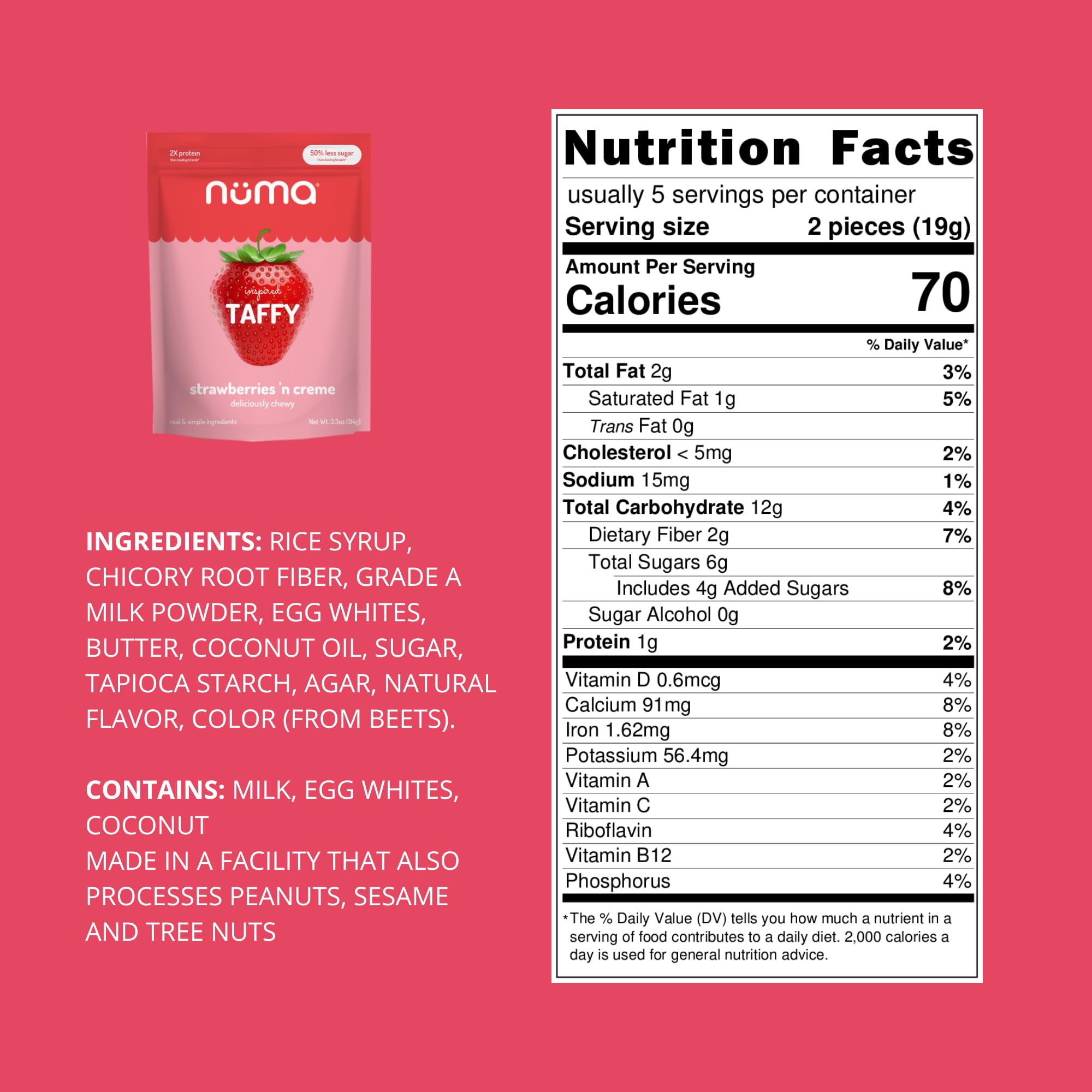 Close-up of Numa Taffy Candy chew texture with strawberry creme.