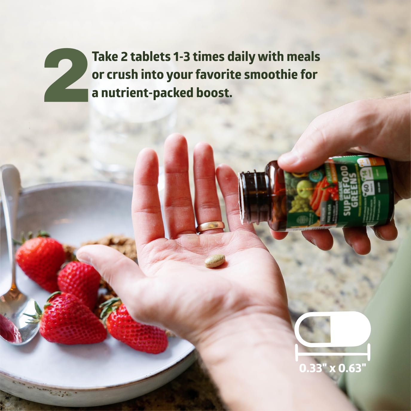 Number One Nutrition energy-focused greens tablet with water, suggesting natural daily energy without caffeine.