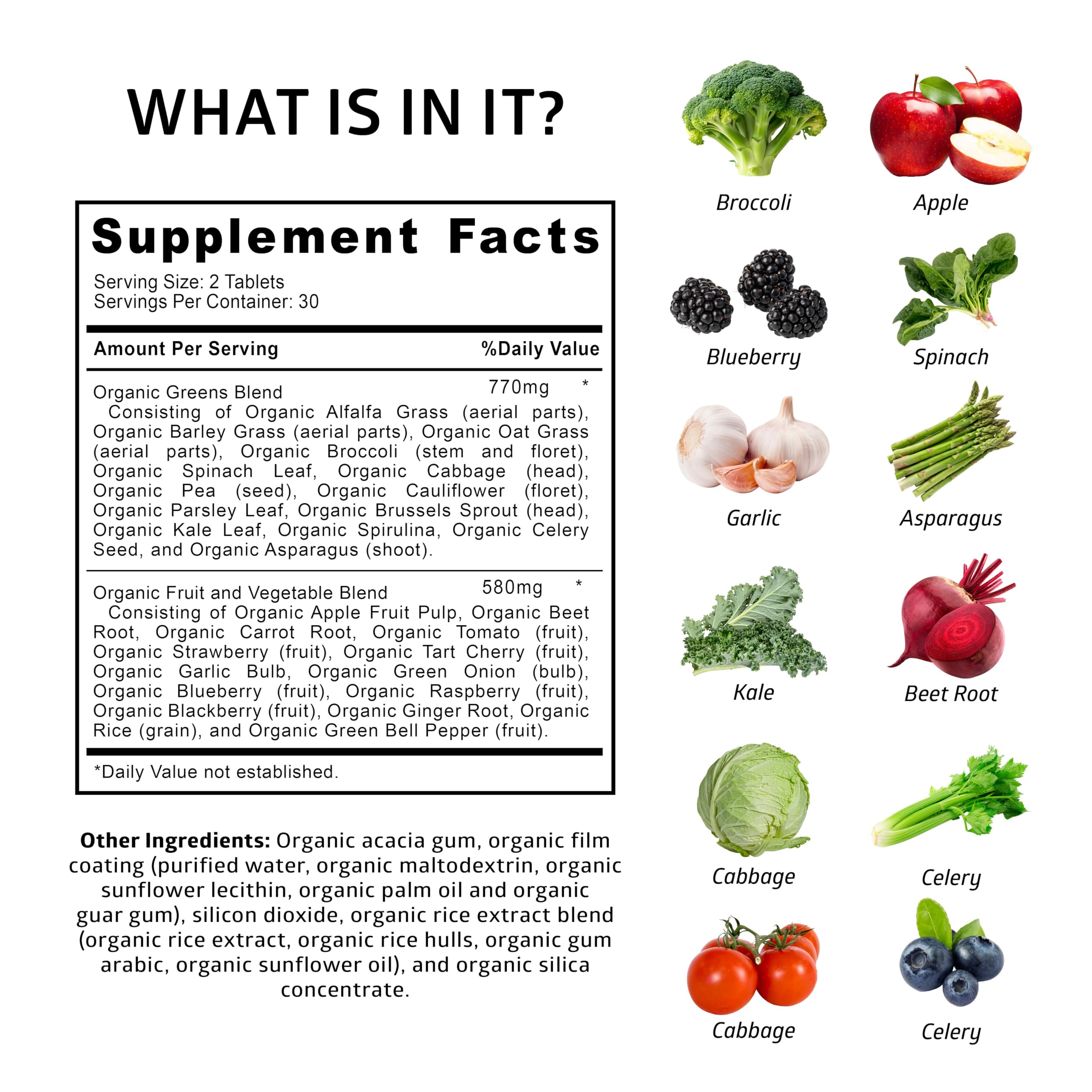 Close-up of Number One Nutrition greens tablet blend with spirulina and beet root for vitality.