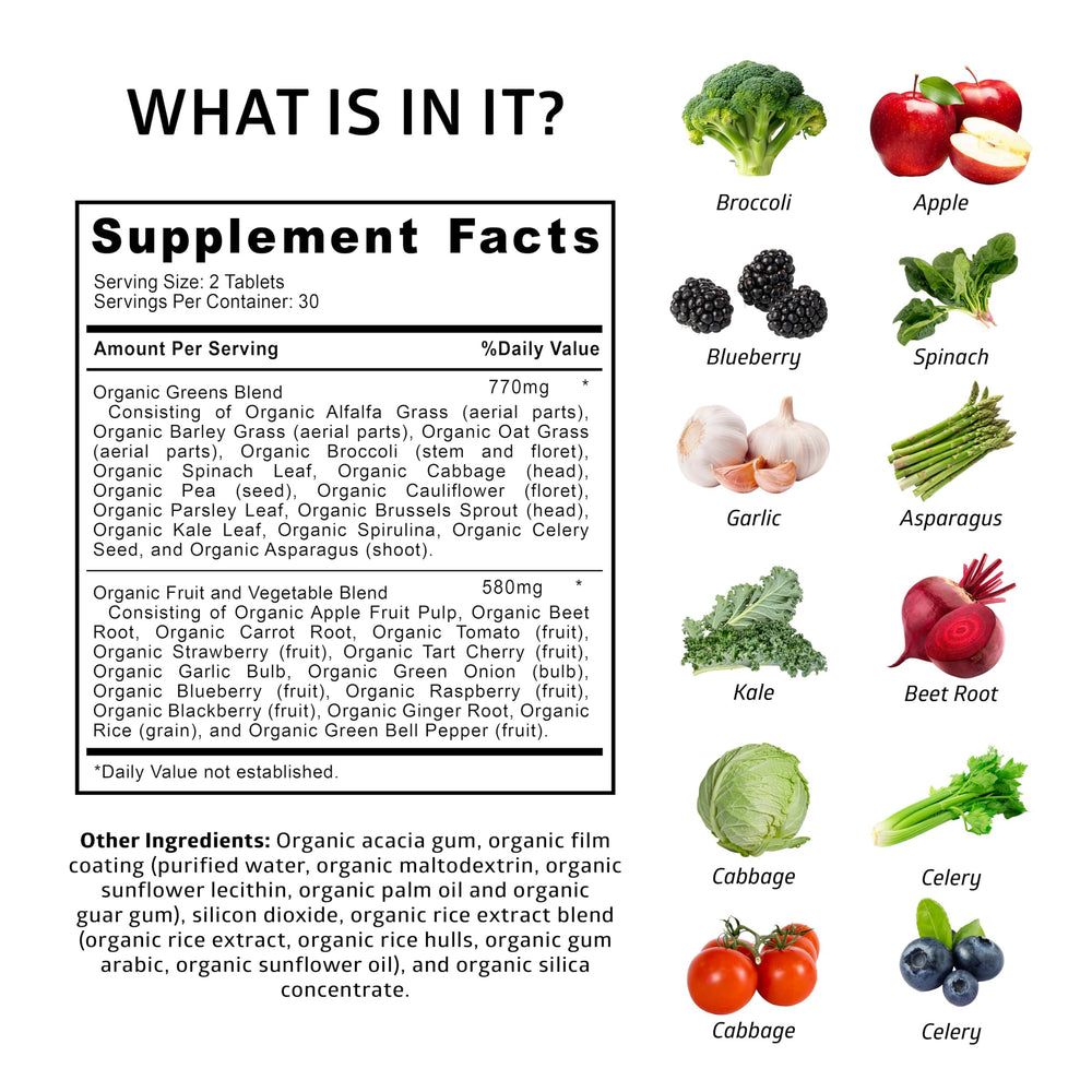 Close-up of Number One Nutrition greens tablet blend with spirulina and beet root for vitality.