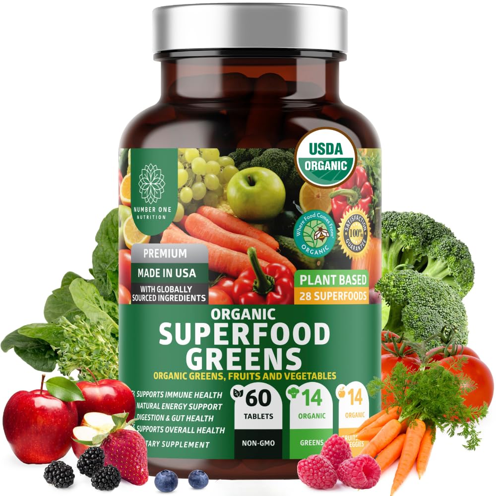 Number One Nutrition USDA Organic Super Greens bottle on a kitchen counter for daily wellness.