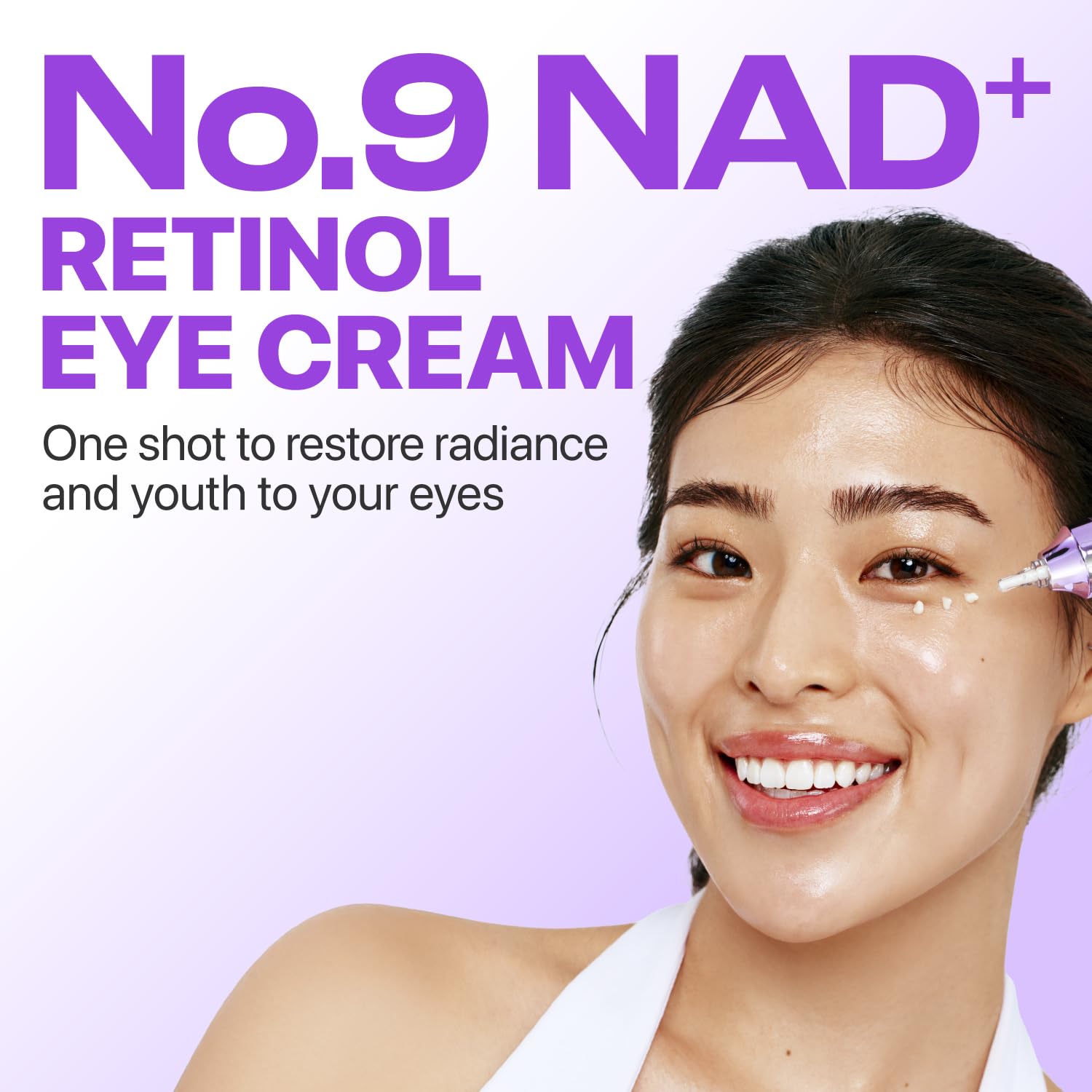 Numbuzin No.9 eye cream application under the eye for depuffing and brighter look.