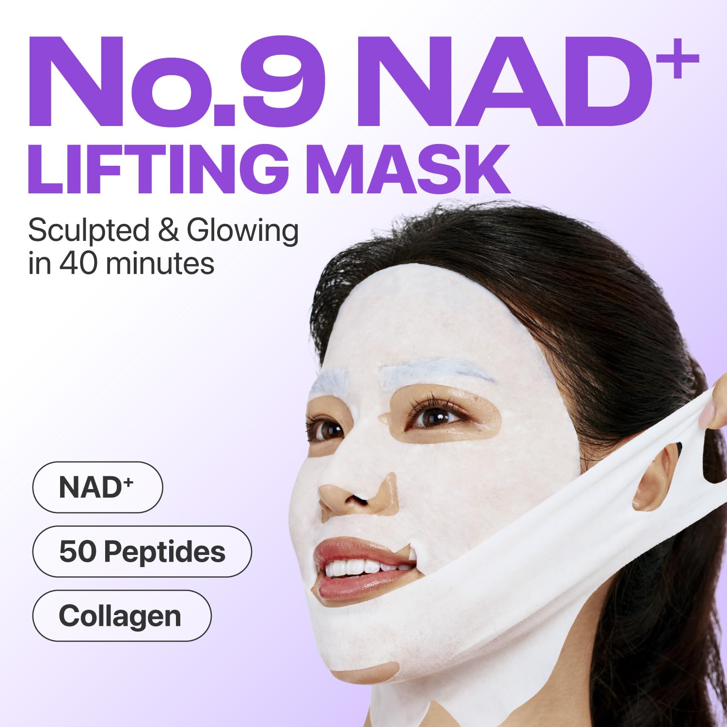 Numbuzin No.9+ NAD+ bio mask two-piece assembly contours facial curves for a sculpted finish.