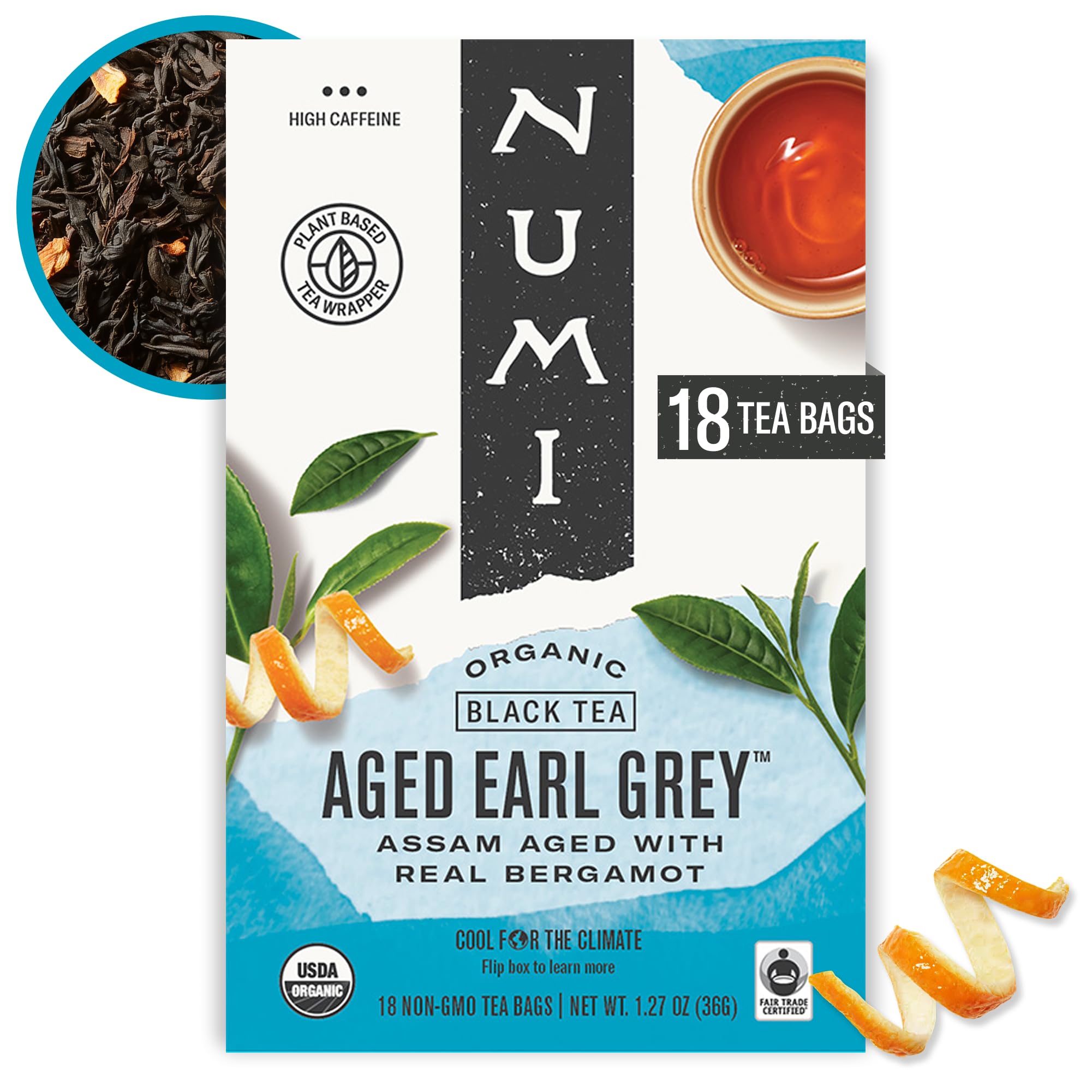 Numi aged Earl Grey tea bags with bergamot aroma for a refined, balanced flavor.