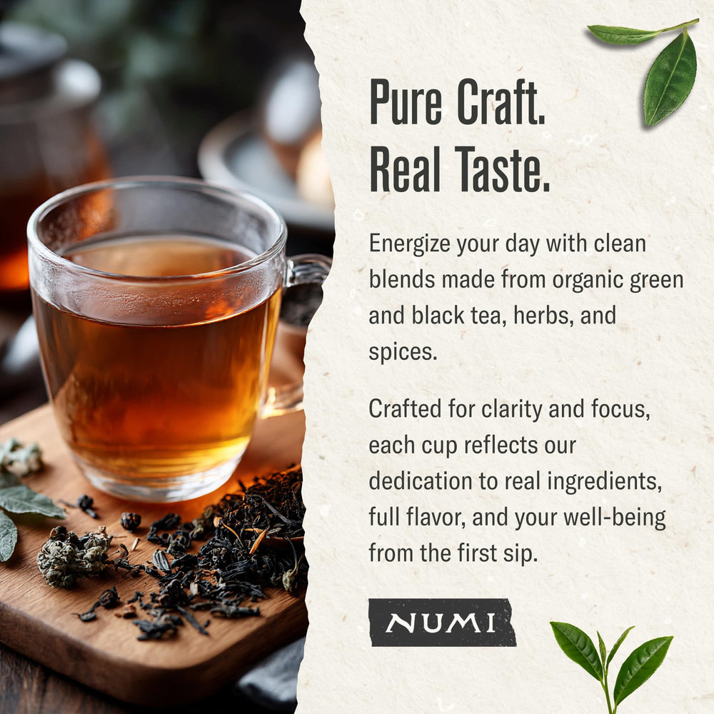 Numi Breakfast Blend tea brewed cup ready to enjoy a balanced morning.