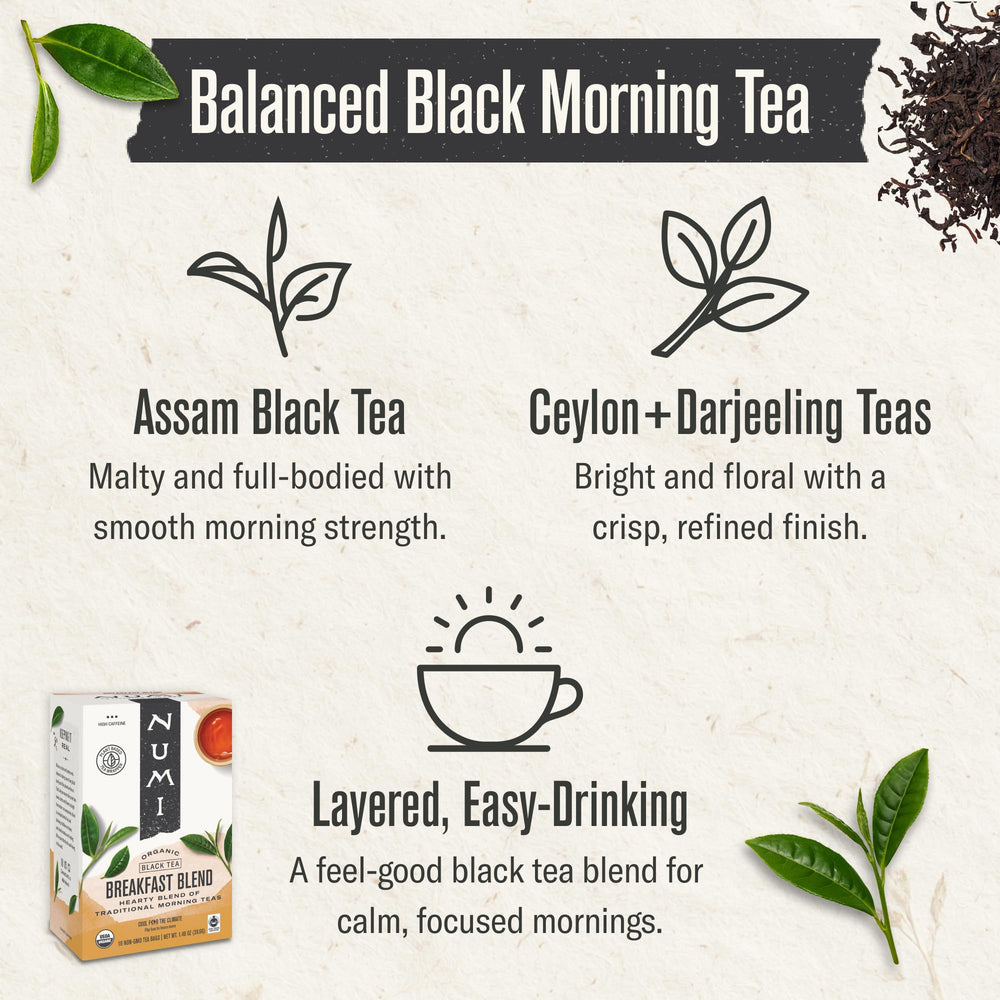 Close-up of Numi Breakfast Blend tea leaves highlighting premium quality.