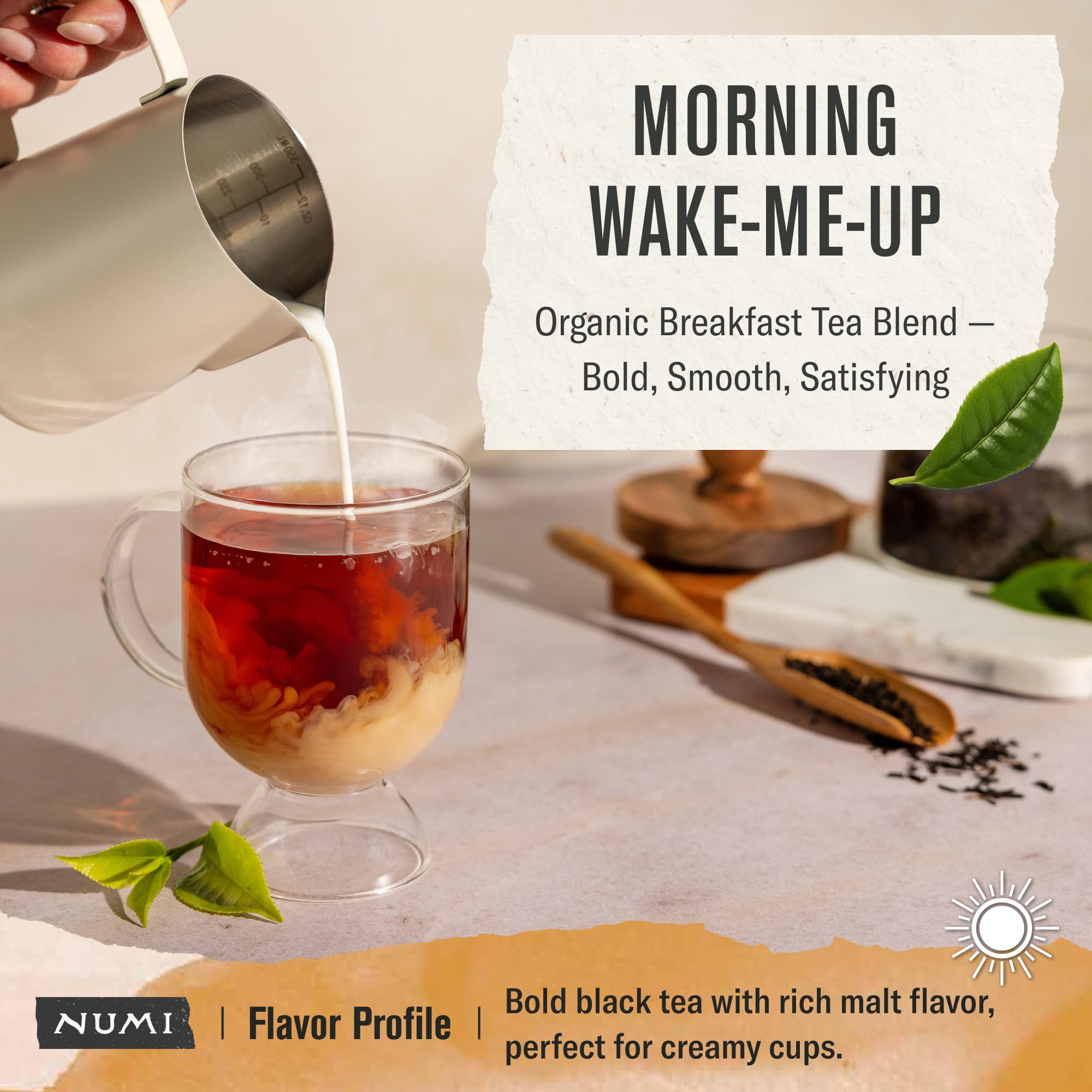 Numi Breakfast Blend tea teabag in cup delivering a balanced start to your morning.