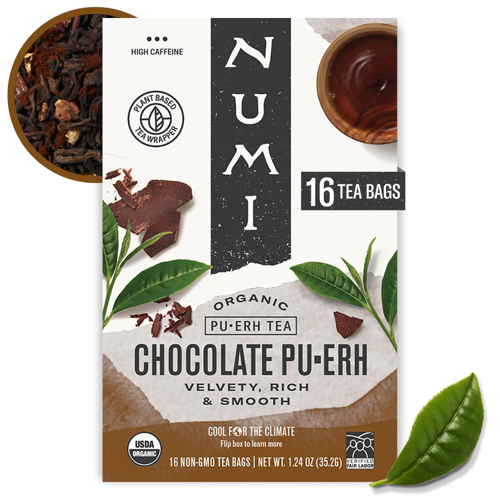 Numi Chocolate Pu-erh tea bag with cocoa delivers chocolate aroma and gentle energy.