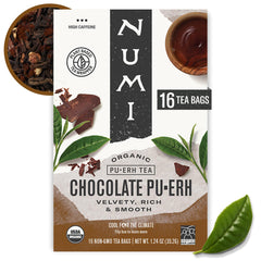 Numi Chocolate Pu-erh tea bag with cocoa delivers chocolate aroma and gentle energy.