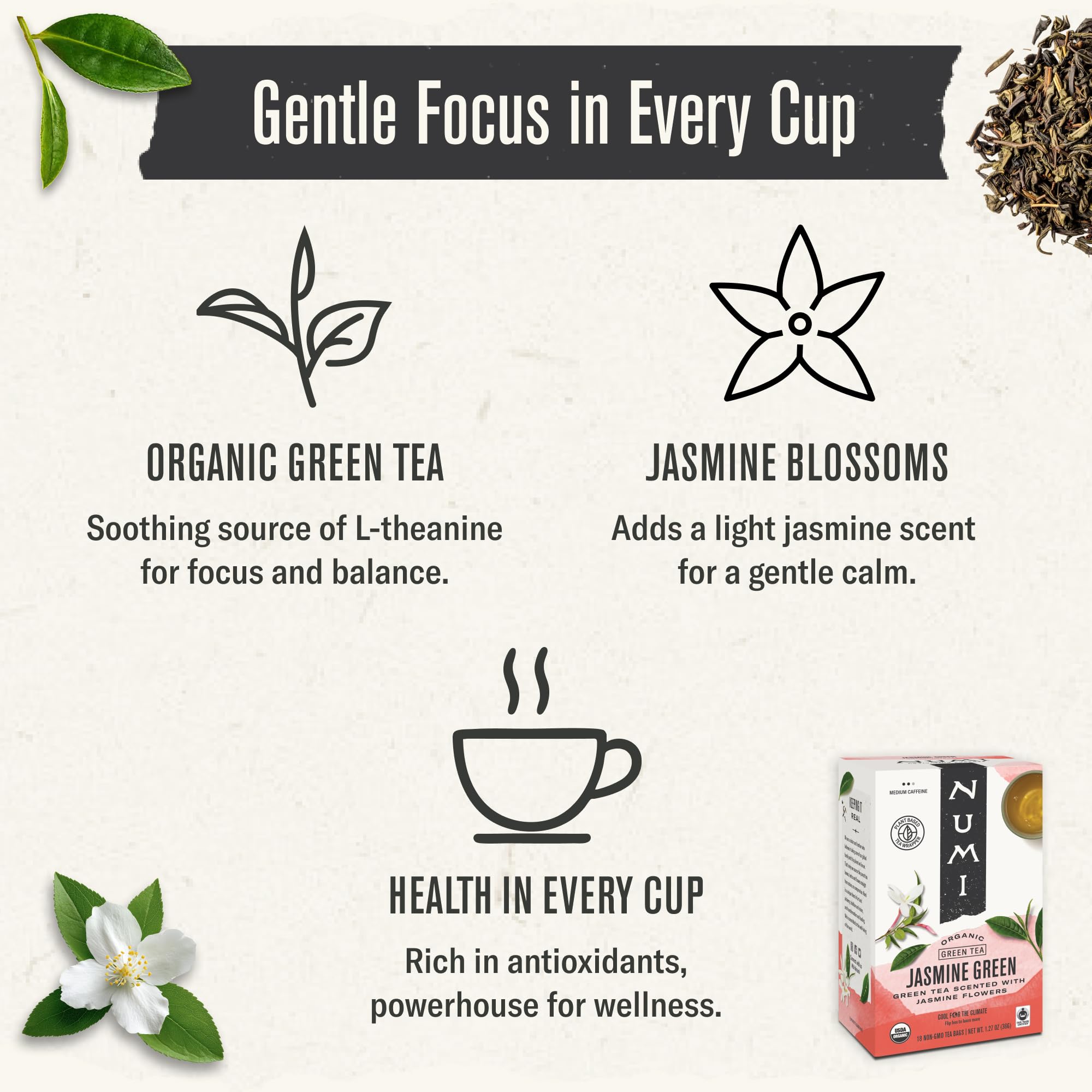 Numi cup with jasmine green tea illustrates a soothing, mindful ritual.