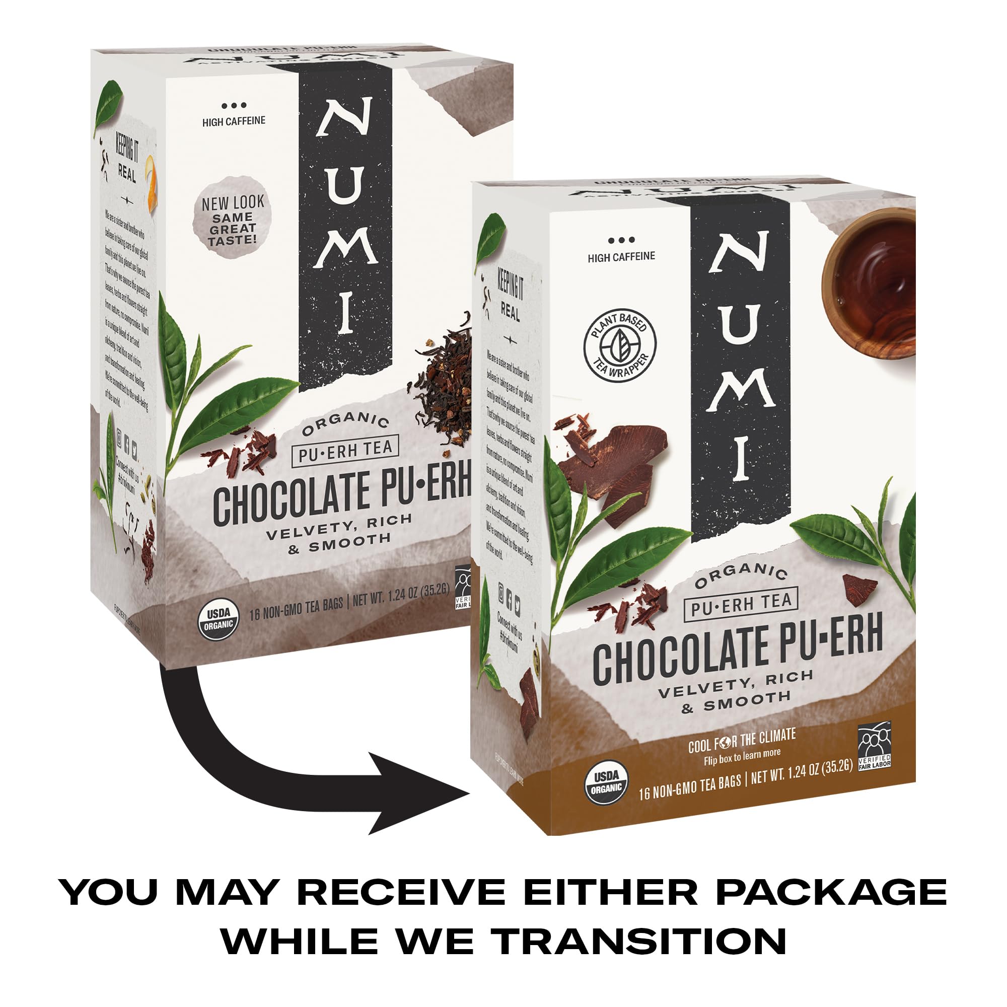 Numi packaging highlights fair-trade, organic sourcing for mindful tea moments.