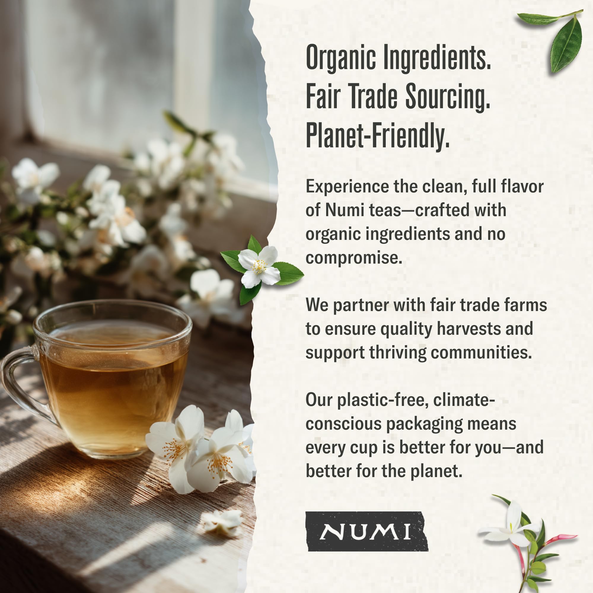 Numi fair trade seal alongside planet-conscious packaging reinforces ethical tea.