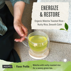 Numi Genmaicha green tea cup highlighting earthy, balanced flavor.
