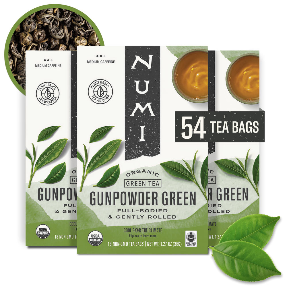 Numi gunpowder green tea bags packaging emphasizes eco-friendly materials and preserved freshness.
