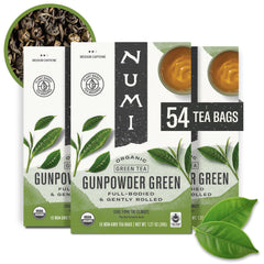 Numi gunpowder green tea bags packaging emphasizes eco-friendly materials and preserved freshness.