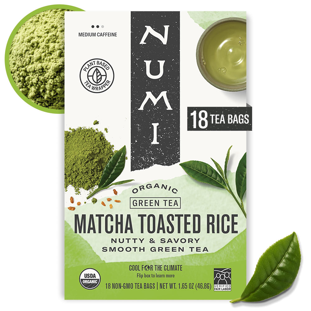 Numi Matcha Toasted Rice Tea packaging shown for sustainable brewing.
