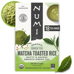 Numi Matcha Toasted Rice Tea packaging shown for sustainable brewing.