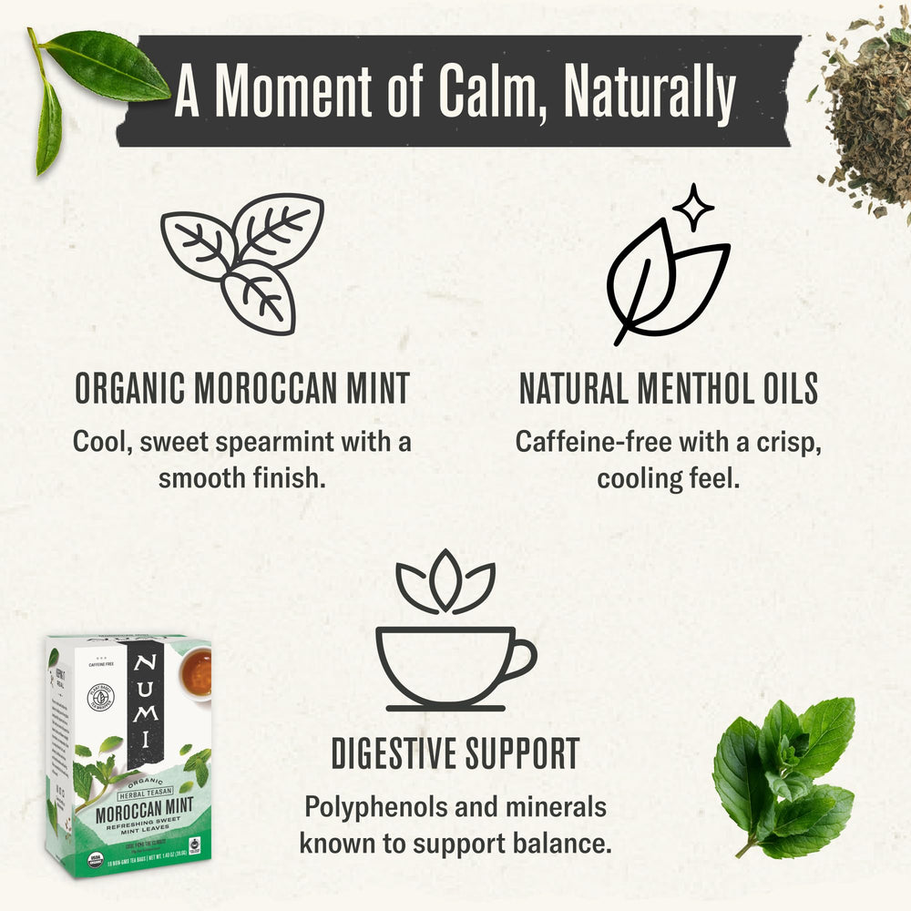 Numi Moroccan Mint Tea bags collection emphasizes clean, natural ingredients for a refreshing, caffeine-free cup.