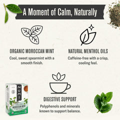 Numi Moroccan Mint Tea bags collection emphasizes clean, natural ingredients for a refreshing, caffeine-free cup.