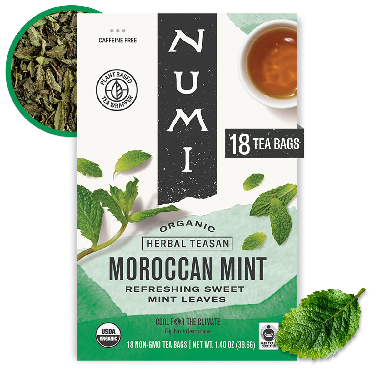 Numi Moroccan Mint Tea bags packaging showcases organic ingredients for a refreshing, caffeine-free experience.