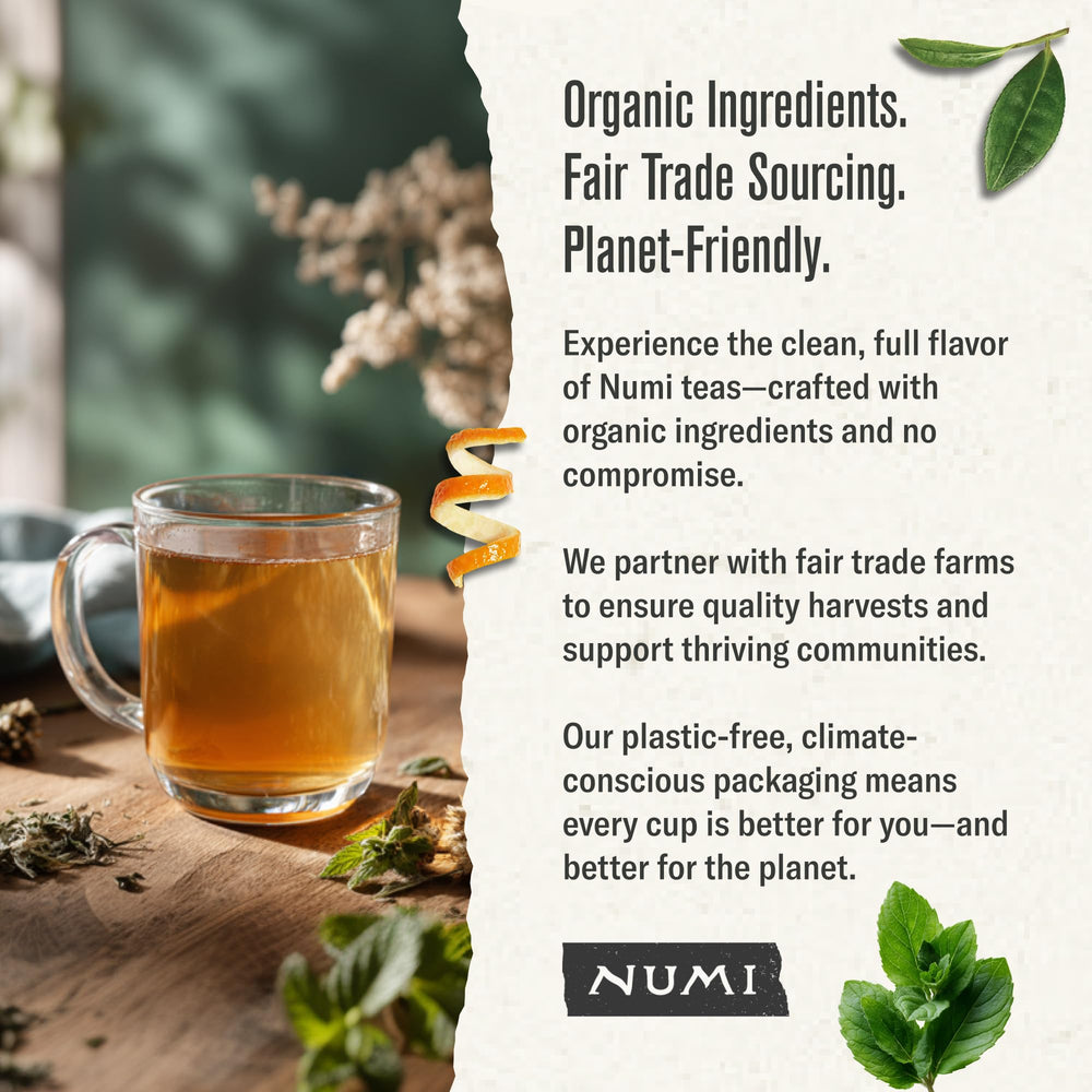 Numi Moroccan Mint Tea brew essentials show simple, caffeine-free preparation.