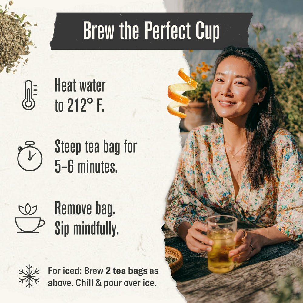 Numi Moroccan Mint Tea brewed cup shows a crisp aroma and light body ideal for any time.