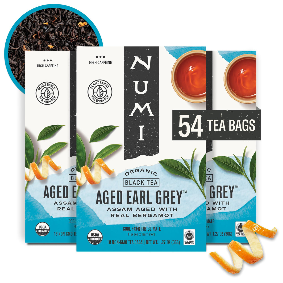 Numi Organic Aged Earl Grey tea bags for a smooth, aromatic brew.