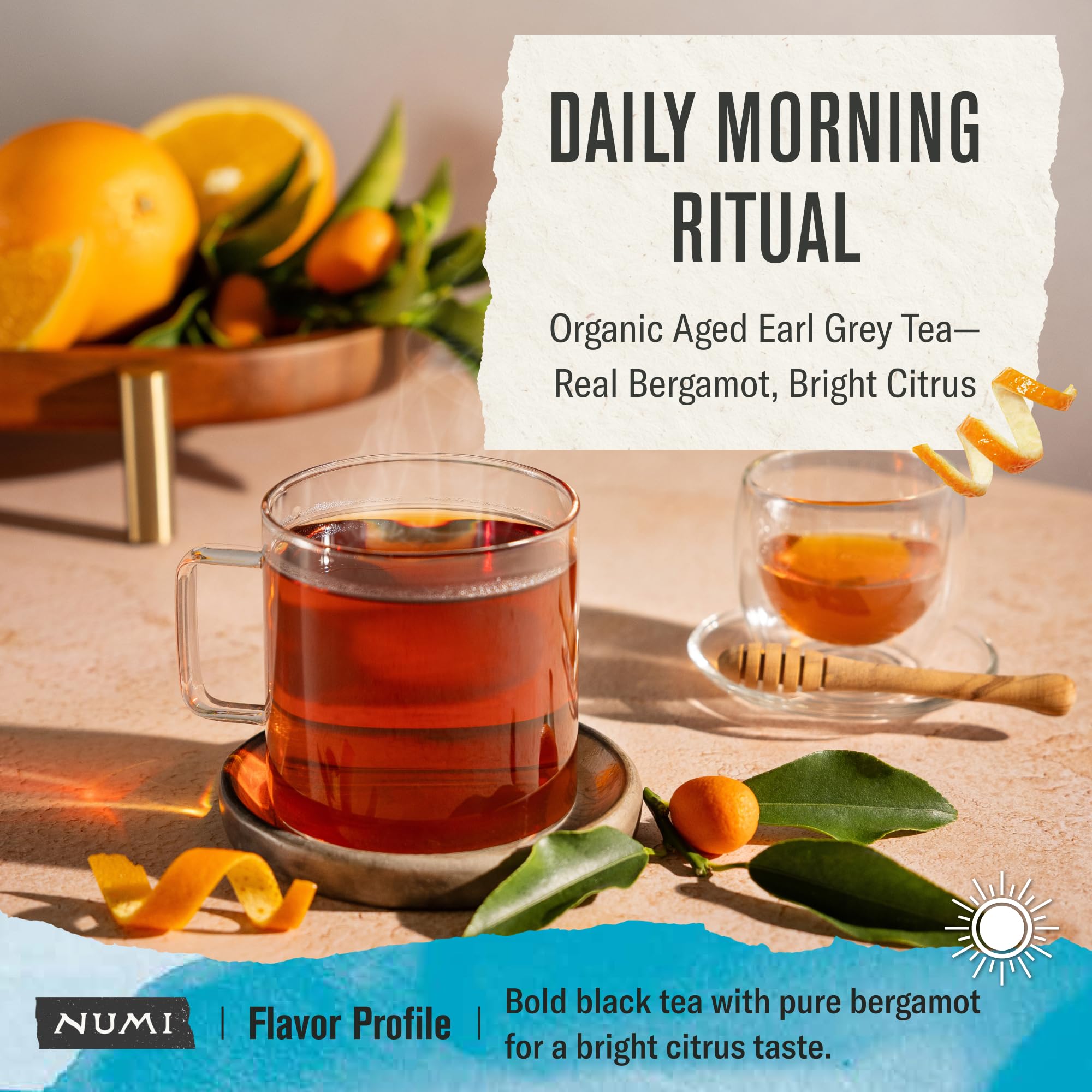 Numi organic black tea close up with bergamot infusion for balanced aroma.