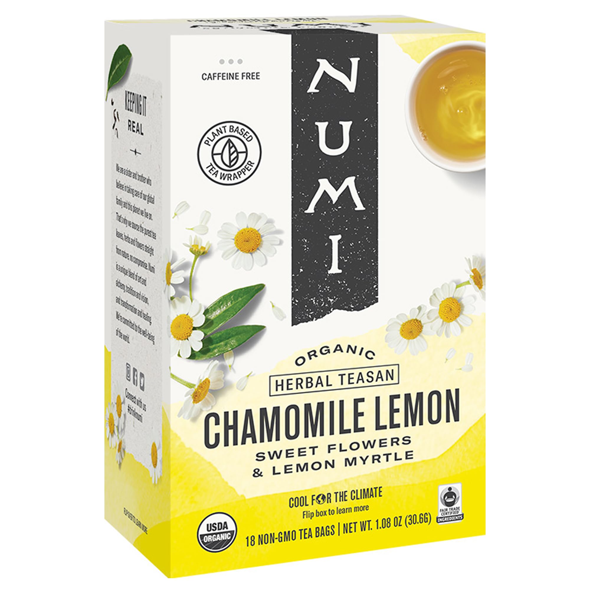 Numi Organic Chamomile Lemon Tea cup visual for calming, refreshing moments
