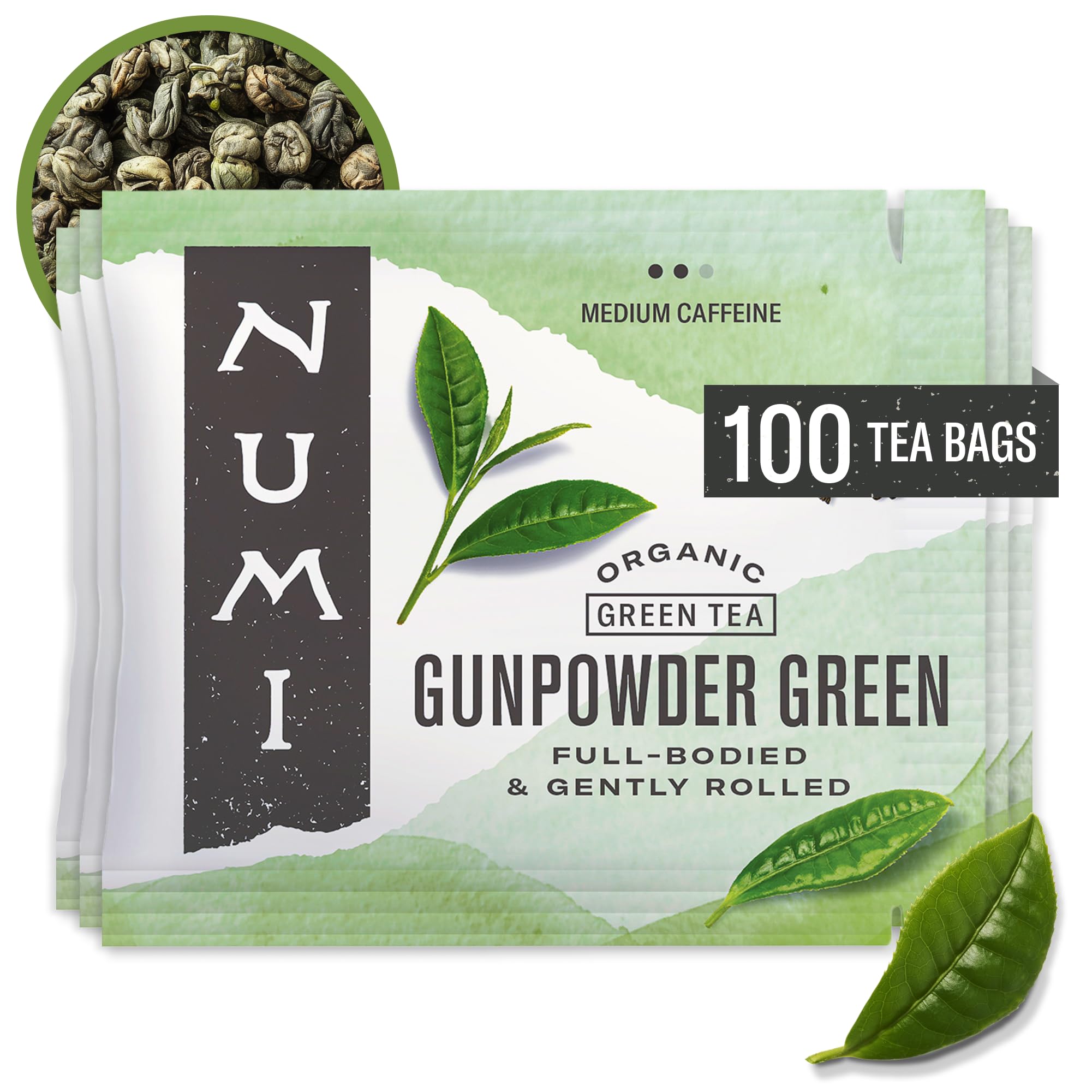Numi Organic Gunpowder Tea bags closeup, showcasing bold flavor and eco-friendly packaging.