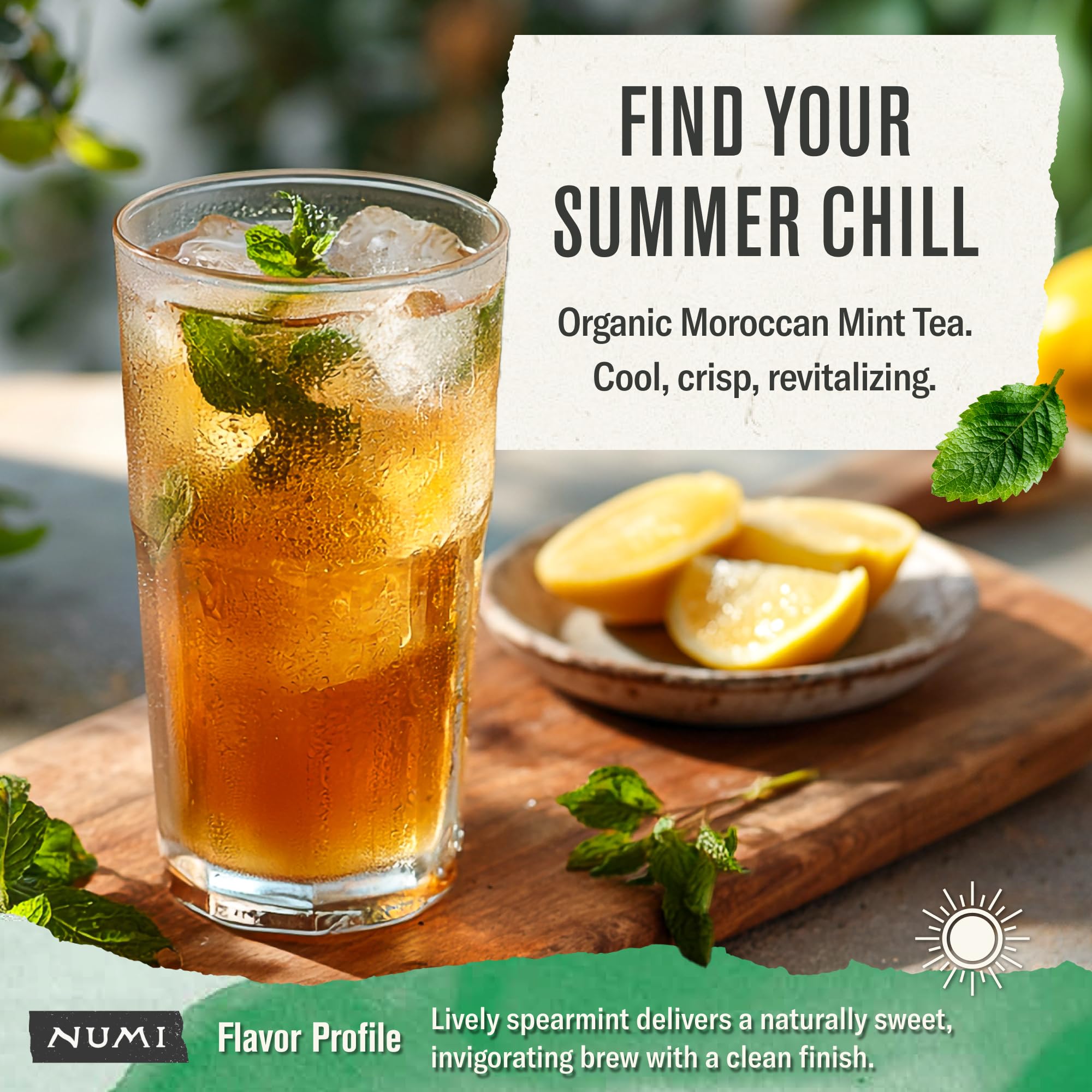 Numi organic mint leaves closeup highlights whole leaves for pure herbal flavor.
