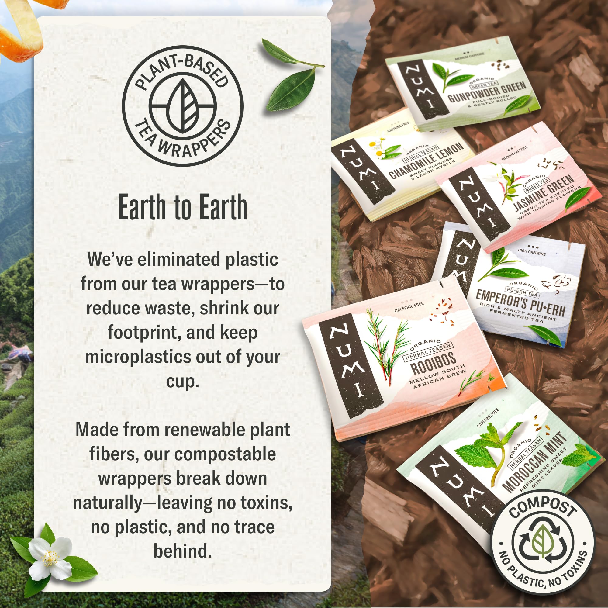 Numi organic mint tea bags on shelf convey trust in pure ingredients.
