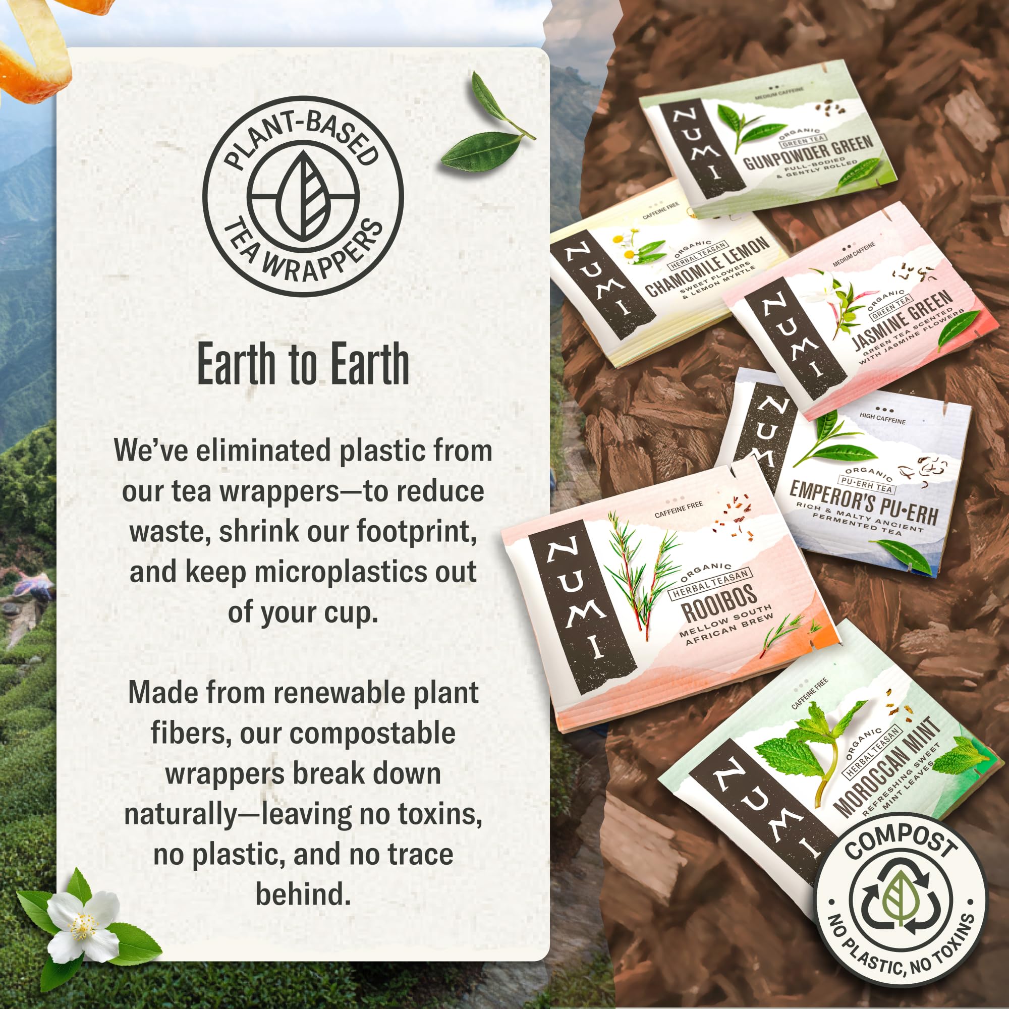 Numi organic packaging showcases sustainable, organic tea with bergamot notes.