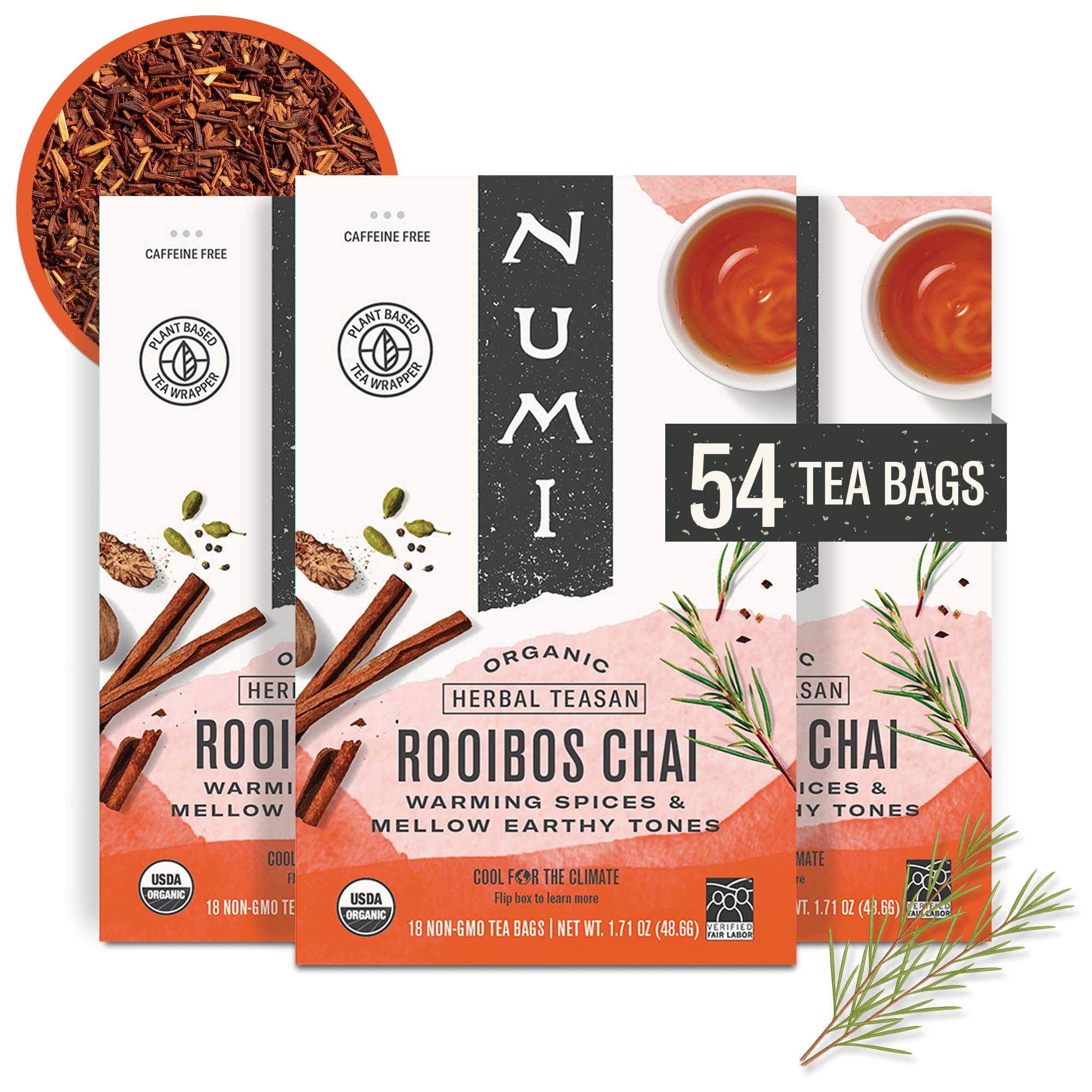 Numi Rooibos Chai tea bags pack 3 on display, caffeine-free flavor