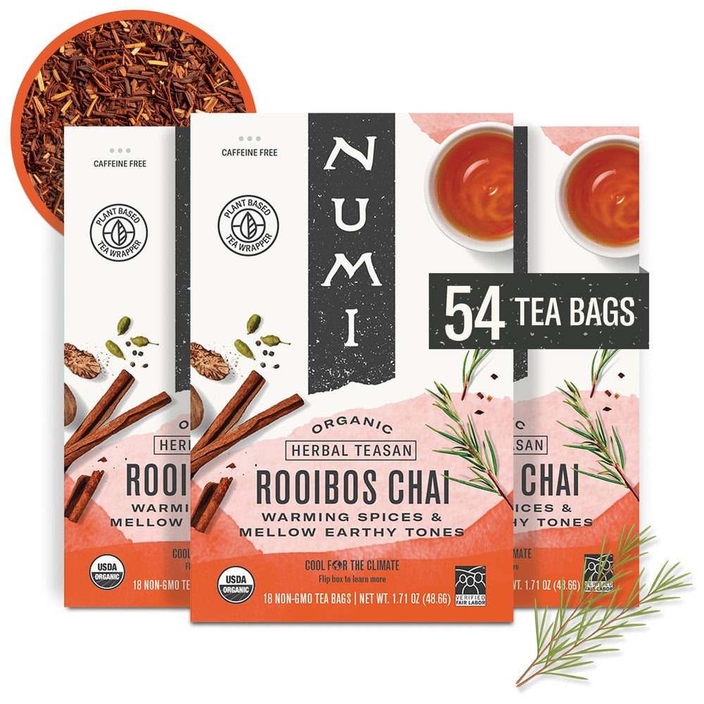 Numi Rooibos Chai tea bags pack 3 on display, caffeine-free flavor