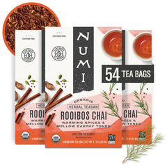 Numi Rooibos Chai tea bags pack 3 on display, caffeine-free flavor