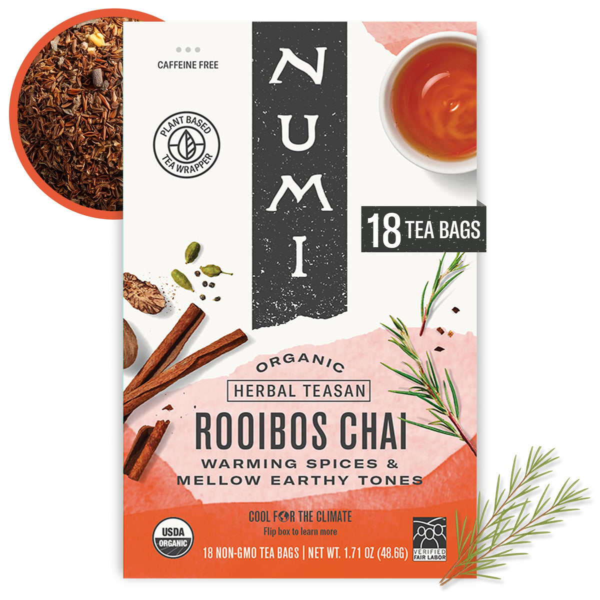 Numi Rooibos Chai tea bags pack for a convenient caffeine-free daily ritual.