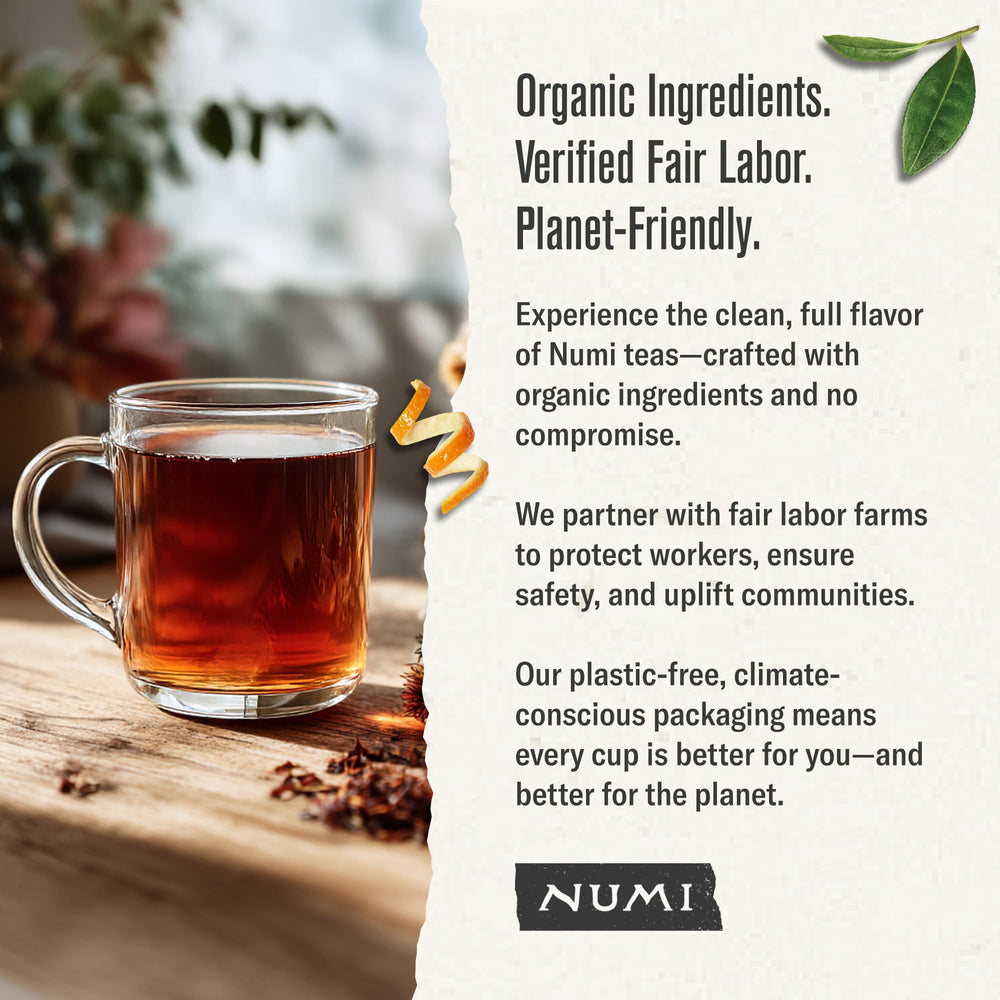 Numi Rooibos no artificial additives closeup shows pure ingredients.