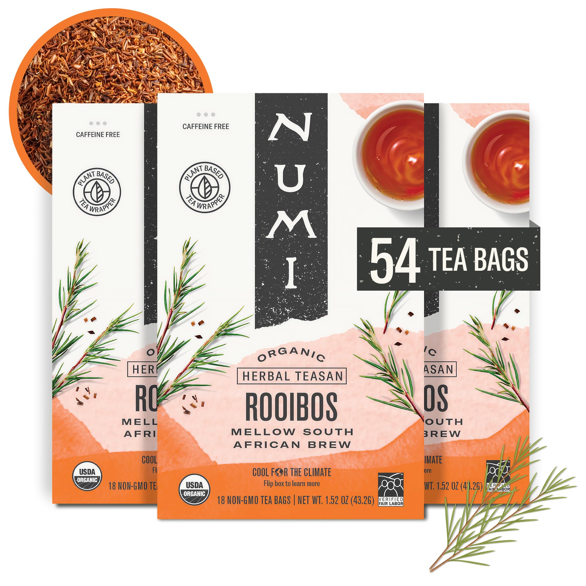 Numi Rooibos tea bags in a tin, offering caffeine-free comfort.